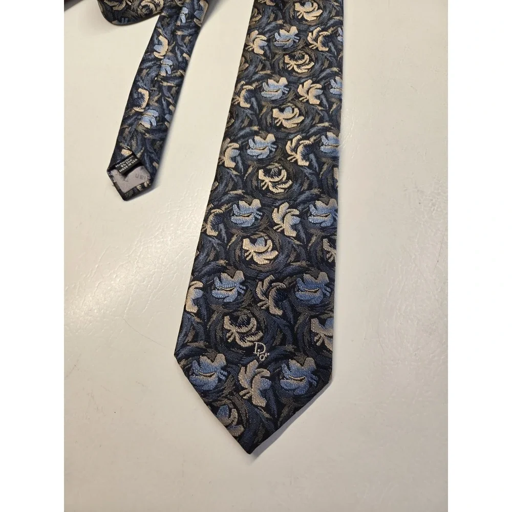 Christian Dior Monsieur Necktie Brown Blue Floral Abstract Pattern Men's Tie